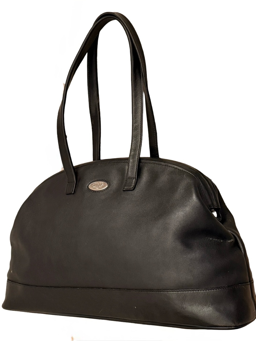 Vintage Furla Black Leather Dome Shoulder Bag With Silver Logo Made in Italy